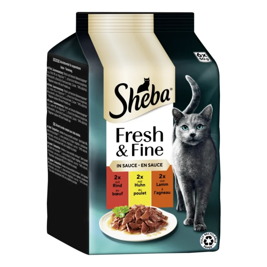 Sheba Fresh & Fine Nourriture humide pour chat adulte, Multipack, en sauce 36x50 g Bœuf, poulet, agneau