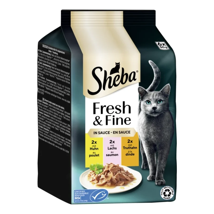 Sheba Fresh & Fine Nourriture humide pour chat adulte, Multipack, en sauce 36x50 g Poulet, saumon et dinde