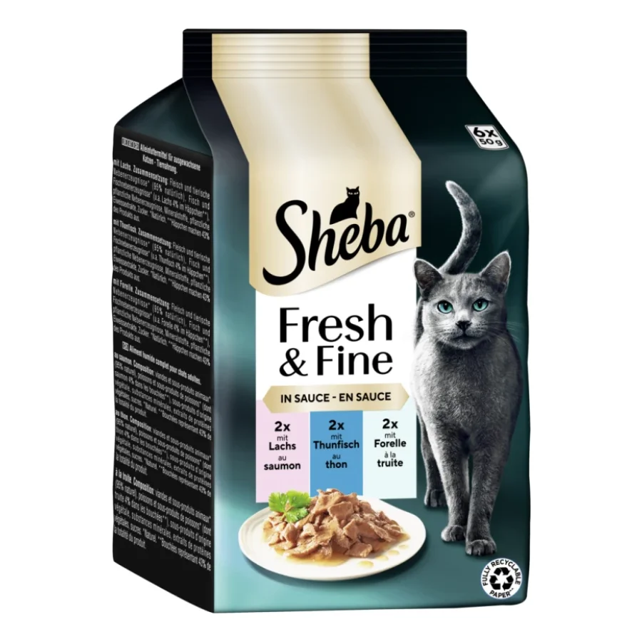 Sheba Fresh & Fine Nourriture humide pour chat adulte, Multipack, en sauce 36x50 g Saumon, thon et truite
