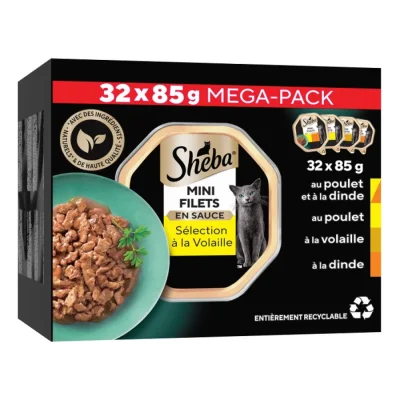 Sheba Mini Filets barquettes Coffret à la Volaille en sauce pour chat adulte 32x85g