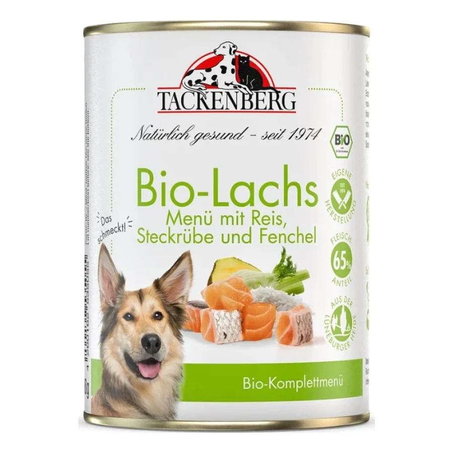 Tackenberg nourriture humide pour chien, adulte, bio. Lachs mit Reis 6x400 g