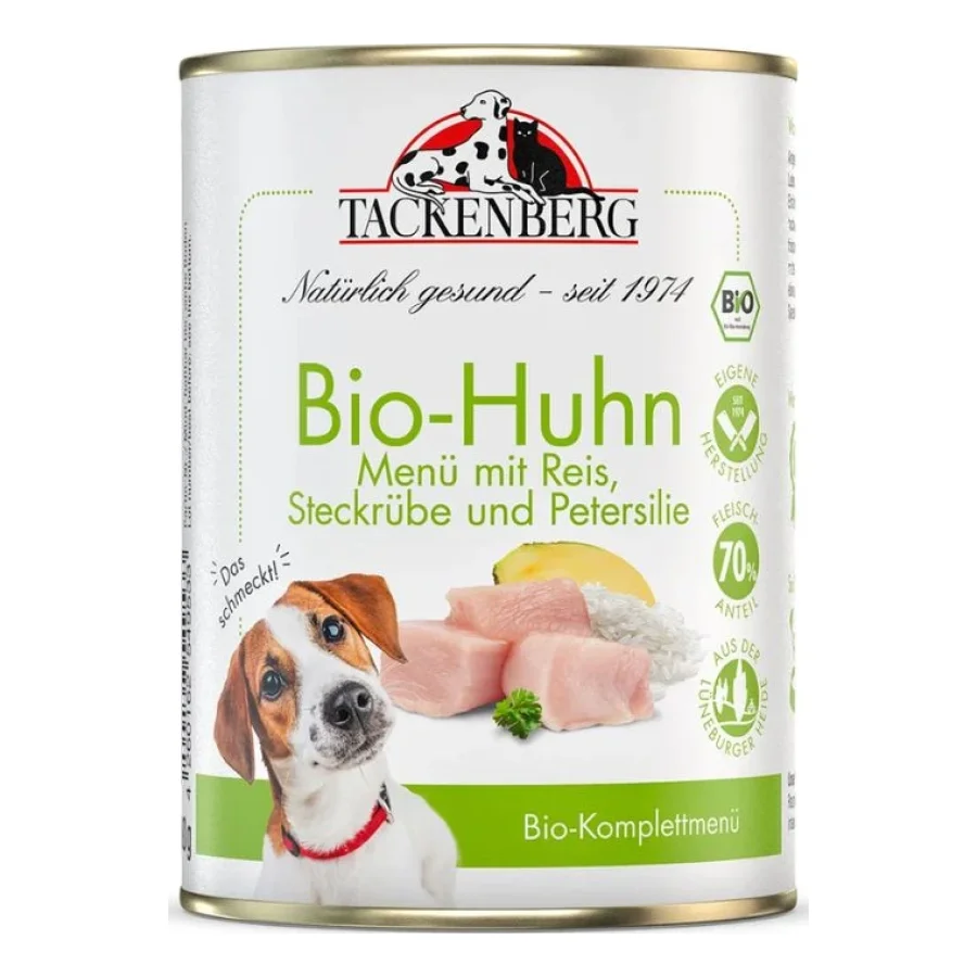 Tackenberg nourriture humide pour chien, adulte, bio. Poulet au riz 6x400 g
