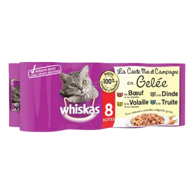 Whiskas Boîtes La Carte Mer et Campagne en Gelée 4 variétés pour chat 8x390g
