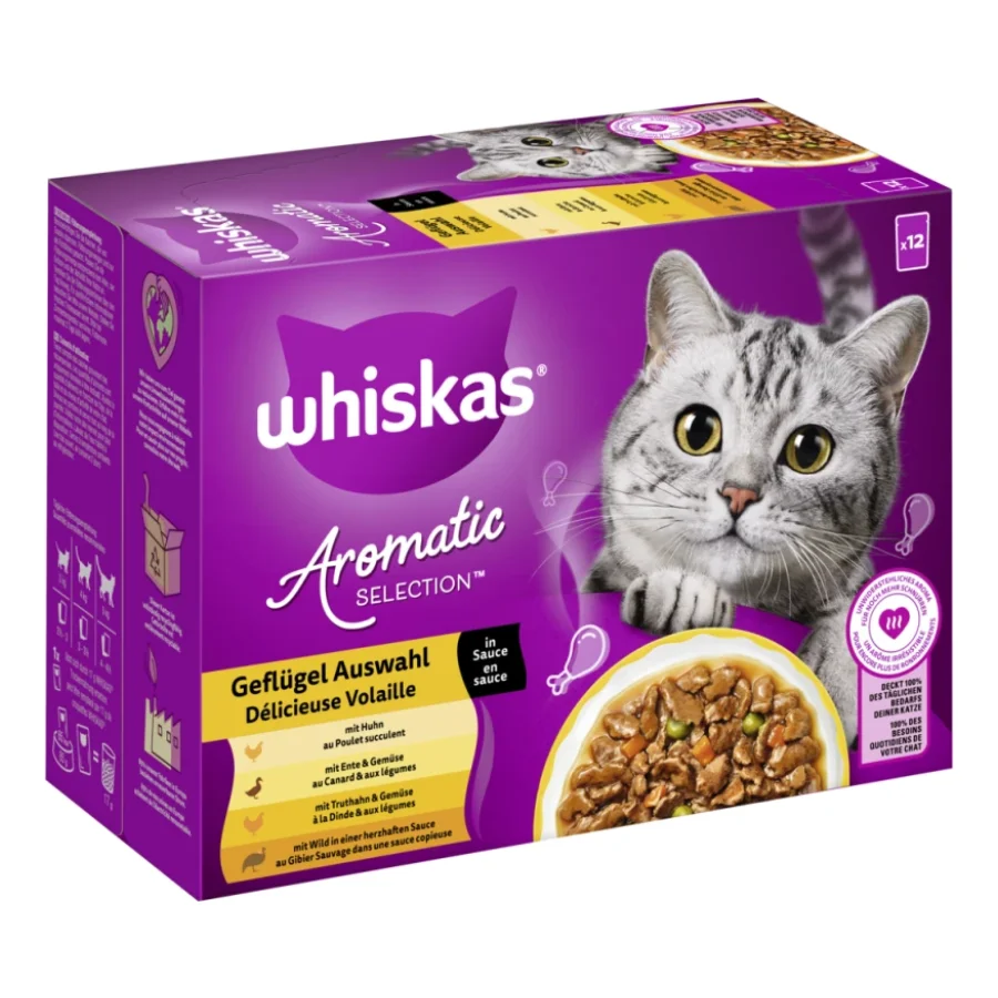 Whiskas nourriture humide pour chat adulte, multipack, 1+ sélection de volaille, en sauce 12x85 g