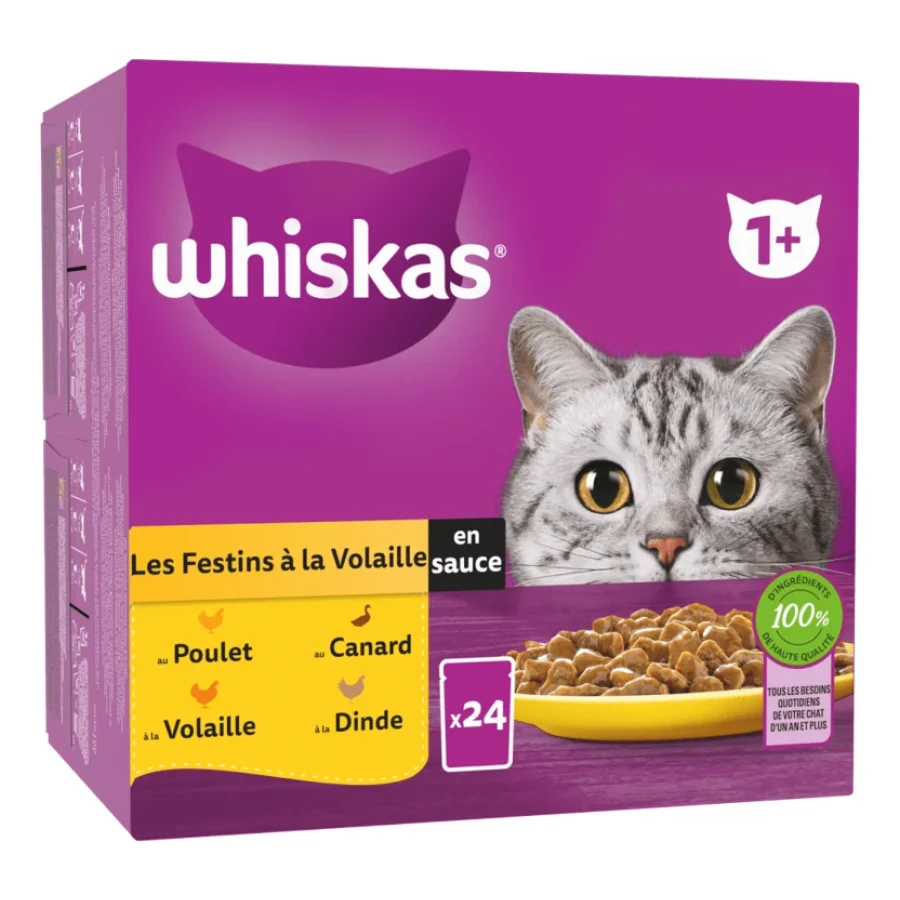 Whiskas Sachets fraîcheur Les Festins à la Volaille en sauce 4 variétés pour chat adulte 24x85g