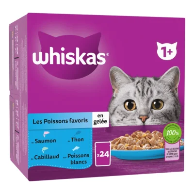 Whiskas Sachets Fraîcheur Les Poissons Favoris En Gelée Pour Chat Adulte 4 Variétés 24 x 85g