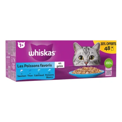 Whiskas Sachets fraîcheur Les Poissons favoris en gelée pour chat adulte 4 variétés 48x85g 30% offerts