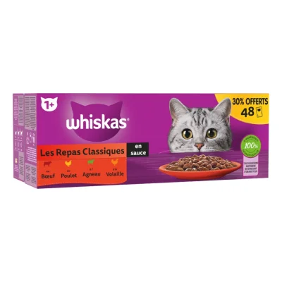 Whiskas Sachets fraîcheur Les Repas Classiques en sauce pour chat adulte 4 variétés 48x85g 30% offerts