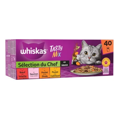 Whiskas Tasty Mix Sachets Fraîcheur Sélection Du Chef En Sauce Pour Chat Adulte 4 Variétés 40 x 85g