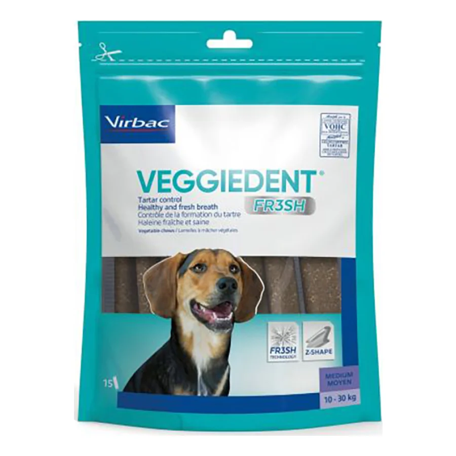 Virbac Bandes à mâcher (taille M) VEGGIEDENT Fresh pour les chiens moyens (10-30 kg) 15x26 g